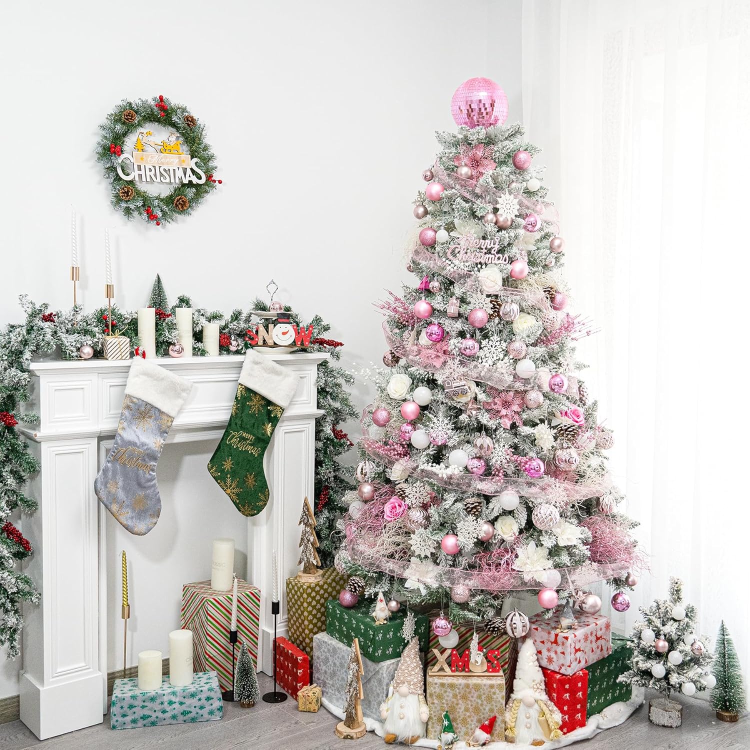 Pink Christmas Tree Topper 6 Inch Mirror Disco Ball Tree Topper, Cool and Fun Disco Ball for Xmas Tree Decorations, Ideal for DJ Club, Party, Wedding and Home Décor